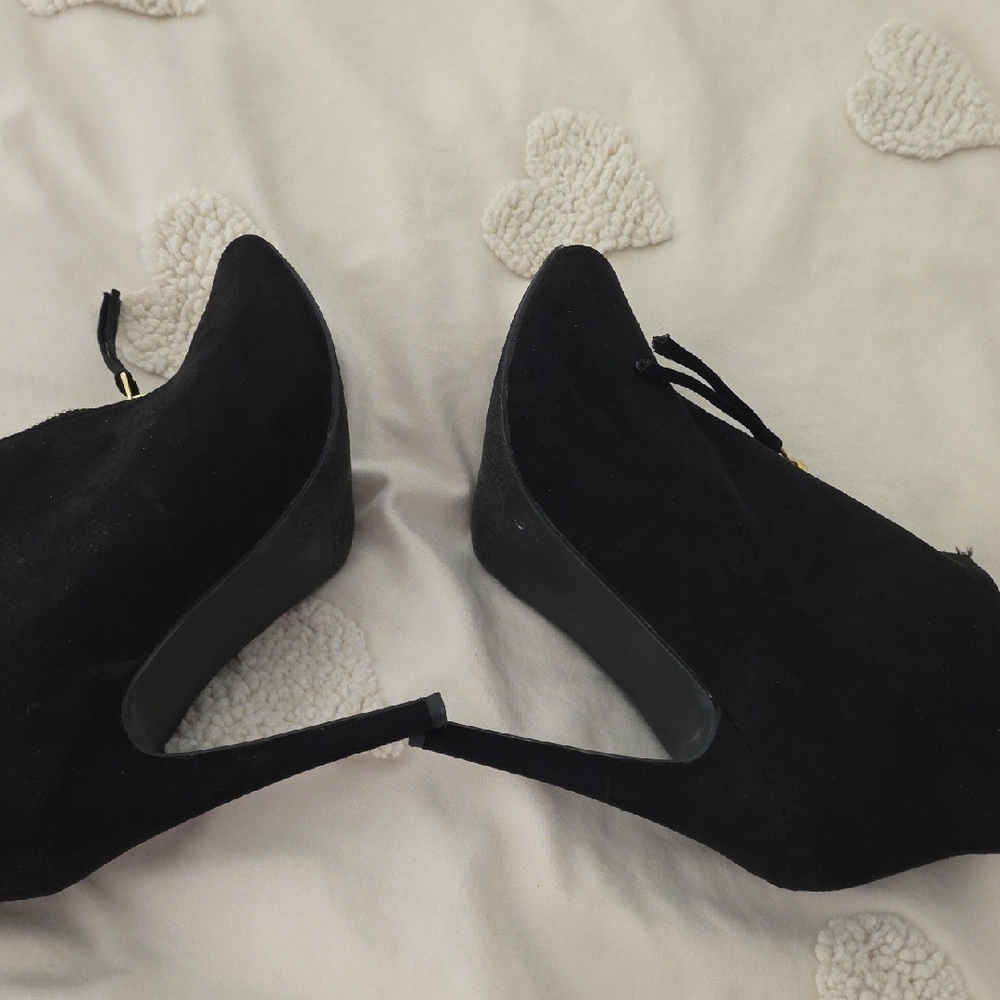 Mossimo Supply Co. Black Suede Peep-Toe Ankle Boots with Gold Trim - Picture 7 of 14